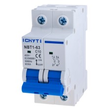 Автоматичний вимикач змінного струму двополюсний 10A NBT1-63-C10-2P CHYT
