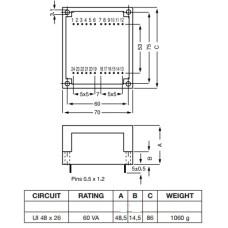 Трансформатор залитий 60VA, 2x9 V, 30VA 2x115VAC 2X9V 45074 Myrra