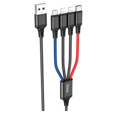 USB кабель Hoco X76 4 in 1 Apple iPhone SE 2022, iPhone 14 Pro Max, iPhone 14 Plus, iPhone 14 Pro, iPhone 14, iPhone 13 Pro, iPhone 13 Mini, iPhone 13, iPhone 13 Pro Max, iPhone 12 Mini, iPhone 12 Pro Max, MicroUSB, Lightning, 1.0 м., Чорний