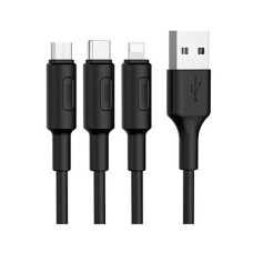 USB кабель Hoco X25 Soarer 3 в 1 Apple iPhone SE 2022, iPhone 14 Pro Max, iPhone 14 Plus, iPhone 14 Pro, iPhone 14, iPhone 13 Pro, iPhone 13 Mini, iPhone 13, iPhone 13 Pro Max, iPhone 12 Mini, MicroUSB, Type-C, Lightning, 1.0 м., Чорний