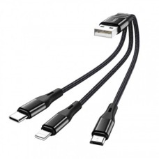 USB кабель Hoco X47 Harbor 3 в 1 Apple iPhone SE 2022, iPhone 14 Pro Max, iPhone 14 Plus, iPhone 14 Pro, iPhone 14, iPhone 13 Pro, iPhone 13 Mini, iPhone 13, iPhone 13 Pro Max, iPhone 12 Mini, Lightning, MicroUSB, Type-C, 0.2 м., Чорний