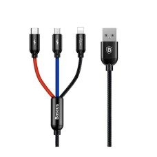 USB кабель Baseus CAMLT-ASY01 Three Primary Colors 3 в 1 Apple iPhone SE 2022, iPhone 14 Pro Max, iPhone 14 Plus, iPhone 14 Pro, iPhone 14, iPhone 13 Pro, iPhone 13 Mini, iPhone 13, iPhone 13 Pro Max, Lightning, MicroUSB, Type-C, 0.3 м., Чорний