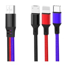 USB кабель XO NB143 3 в 1 Apple iPhone SE 2022, iPhone 14 Pro Max, iPhone 14 Plus, iPhone 14 Pro, iPhone 14, iPhone 13 Pro, iPhone 13 Mini, iPhone 13, iPhone 13 Pro Max, iPhone 12 Mini, Type-C, Lightning, MicroUSB, 1.2 м., Чорний