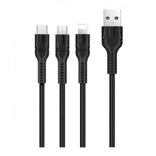 USB кабель Hoco U31 Benay 3 в 1 Apple iPhone SE 2022, iPhone 14 Pro Max, iPhone 14 Plus, iPhone 14 Pro, iPhone 14, iPhone 13 Pro, iPhone 13 Mini, iPhone 13, iPhone 13 Pro Max, iPhone 12 Mini, MicroUSB, Type-C, Lightning, 1.0 м., Чорний