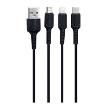 USB кабель Borofone BX16 3 в 1 Apple iPhone SE 2022, iPhone 14 Pro Max, iPhone 14 Plus, iPhone 14 Pro, iPhone 14, iPhone 13 Pro, iPhone 13 Mini, iPhone 13, iPhone 13 Pro Max, iPhone 12 Mini, Lightning, Type-C, MicroUSB, 1.0 м., Чорний