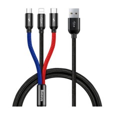 USB кабель Baseus CAMLT-BSY01 Three Primary Colors 3 в 1 Apple iPhone SE 2022, iPhone 14 Pro Max, iPhone 14 Plus, iPhone 14 Pro, iPhone 14, iPhone 13 Pro, iPhone 13 Mini, iPhone 13, iPhone 13 Pro Max, Lightning, MicroUSB, Type-C, 1.2 м., Чорний