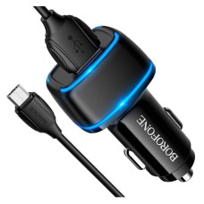 Автомобільний зарядний пристрій Borofone BZ14, MicroUSB, і кабель 2.4 A, Чорний