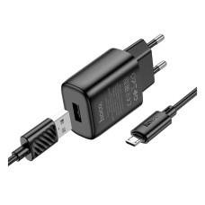 Мережевий зарядний пристрій Hoco C134A Solid, MicroUSB, і кабелем, Чорний