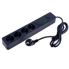 Мережевий фільтр 10A max.,подовжувач 2м на 4 розетки із USB чорний AMJING