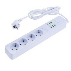Мережевий фільтр 10A max.,подовжувач 2м на 4 розетки із USB білий AMJING
