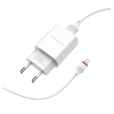 Мережевий зарядний пристрій Borofone BA20A Apple iPhone SE 2022, iPhone 14 Pro Max, iPhone 14 Plus, iPhone 14 Pro, iPhone 14, iPhone 13 Pro, iPhone 13 Mini, iPhone 13, iPhone 13 Pro Max, iPhone 12 Mini, iPhone 12 Pro Max, Lightning, з кабелем, 2.1 A, Біли