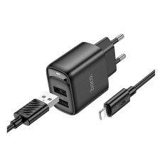 Мережевий зарядний пристрій Hoco C141A Smart Apple iPhone SE 2022, iPhone 14 Pro Max, iPhone 14 Plus, iPhone 14 Pro, iPhone 14, iPhone 13 Pro, iPhone 13 Mini, iPhone 13, iPhone 13 Pro Max, iPhone 12 Mini, iPhone 12 Pro Max, Lightning, з кабелем, 2.1 A, Чо
