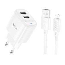 Мережевий зарядний пристрій Hoco C141A Smart Apple iPhone SE 2022, iPhone 14 Pro Max, iPhone 14 Plus, iPhone 14 Pro, iPhone 14, iPhone 13 Pro, iPhone 13 Mini, iPhone 13, iPhone 13 Pro Max, iPhone 12 Mini, iPhone 12 Pro Max, Lightning, з кабелем, 2.1 A, Бі