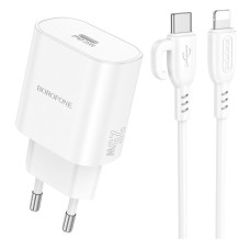 Мережевий зарядний пристрій Borofone BA82A Platinum Apple iPhone SE 2022, iPhone 14 Pro Max, iPhone 14 Plus, iPhone 14 Pro, iPhone 14, iPhone 13 Pro, iPhone 13 Mini, iPhone 13, iPhone 13 Pro Max, iPhone 12 Mini, iPhone 12 Pro Max, Lightning, з кабелем, Бі