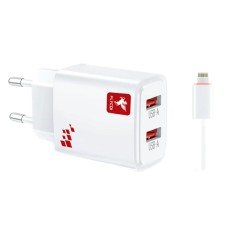 Мережевий зарядний пристрій FLYCDI FA-012 Apple iPhone SE 2022, iPhone 14 Pro Max, iPhone 14 Plus, iPhone 14 Pro, iPhone 14, iPhone 13 Pro, iPhone 13 Mini, iPhone 13, iPhone 13 Pro Max, iPhone 12 Mini, iPhone 12 Pro Max, Lightning, з кабелем, 2.4 A, Білий