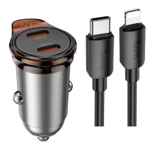 Автомобильное зарядное устройство Hoco NZ16B Apple iPhone SE 2022,iPhone 14 Pro Max,iPhone 14 Plus,iPhone 14 Pro,iPhone 14,iPhone 13 Pro,iPhone 13 Mini,iPhone 13,iPhone 13 Pro Max,iPhone 12 Mini,iPhone 12 Pro Max,iPhone 12 Pro, С кабелем, Lightning, Серый