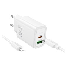 Сетевое зарядное устройство Hoco N63 Gentle Apple iPhone SE 2022, iPhone 14 Pro Max, iPhone 14 Plus, iPhone 14 Pro, iPhone 14, iPhone 13 Pro, iPhone 13 Mini, iPhone 13, iPhone 13 Pro Max, iPhone 12 Mini, iPhone 12 Pro Max, iPhone 12 Pro, с кабелем, Lightn