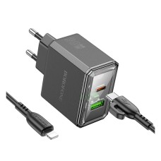 Мережевий зарядний пристрій Borofone BAS32A Treasure Apple iPhone SE 2022, iPhone 14 Pro Max, iPhone 14 Plus, iPhone 14 Pro, iPhone 14, iPhone 13 Pro, iPhone 13 Mini, iPhone 13, iPhone 13 Pro Max, iPhone 12 Mini, iPhone 12 Pro Max, Lightning, з кабелем, Ч