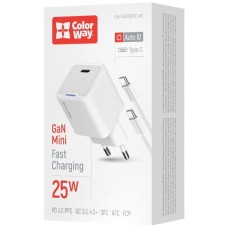 Мережевий зарядний пристрій ColorWay CW-CHS052PDC-WT, Type-C, з кабелем, Білий