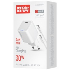 Мережевий зарядний пристрій ColorWay CW-CHS054PDC-WT, Type-C, з кабелем, Білий