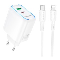 Мережевий зарядний пристрій Borofone BA89A Destello Apple iPhone SE 2022, iPhone 14 Pro Max, iPhone 14 Plus, iPhone 14 Pro, iPhone 14, iPhone 13 Pro, iPhone 13 Mini, iPhone 13, iPhone 13 Pro Max, iPhone 12 Mini, iPhone 12 Pro Max, Lightning, з кабелем, Бі