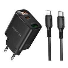 Мережевий зарядний пристрій Borofone BA96A Ilustre Apple iPhone SE 2022, iPhone 14 Pro Max, iPhone 14 Plus, iPhone 14 Pro, iPhone 14, iPhone 13 Pro, iPhone 13 Mini, iPhone 13, iPhone 13 Pro Max, iPhone 12 Mini, iPhone 12 Pro Max, Lightning, з кабелем, Чор