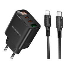 Мережевий зарядний пристрій Borofone BA98A Ilustre Apple iPhone SE 2022, iPhone 14 Pro Max, iPhone 14 Plus, iPhone 14 Pro, iPhone 14, iPhone 13 Pro, iPhone 13 Mini, iPhone 13, iPhone 13 Pro Max, iPhone 12 Mini, iPhone 12 Pro Max, Lightning, з кабелем, Чор