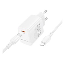 Мережевий зарядний пристрій Borofone BN26 Fuente Apple iPhone SE 2022, iPhone 14 Pro Max, iPhone 14 Plus, iPhone 14 Pro, iPhone 14, iPhone 13 Pro, iPhone 13 Mini, iPhone 13, iPhone 13 Pro Max, iPhone 12 Mini, iPhone 12 Pro Max, Lightning, з кабелем, Білий