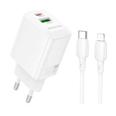 Мережевий зарядний пристрій Borofone BN29 Fuente Apple iPhone SE 2022, iPhone 14 Pro Max, iPhone 14 Plus, iPhone 14 Pro, iPhone 14, iPhone 13 Pro, iPhone 13 Mini, iPhone 13, iPhone 13 Pro Max, iPhone 12 Mini, iPhone 12 Pro Max, Lightning, з кабелем, Білий