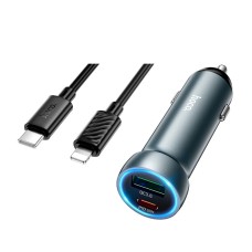 Автомобильное зарядное устройство Hoco Z54A Prosperous Apple iPhone SE 2022,iPhone 14 Pro Max,iPhone 14 Plus,iPhone 14 Pro,iPhone 14,iPhone 13 Pro,iPhone 13 Mini,iPhone 13,iPhone 13 Pro Max,iPhone 12 Mini,iPhone 12 Pro Max, С кабелем, Lightning, Серый