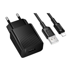 Мережевий зарядний пристрій Borofone BAS71A Source Apple iPhone SE 2022, iPhone 14 Pro Max, iPhone 14 Plus, iPhone 14 Pro, iPhone 14, iPhone 13 Pro, iPhone 13 Mini, iPhone 13, iPhone 13 Pro Max, iPhone 12 Mini, iPhone 12 Pro Max, Lightning, з кабелем, Чор