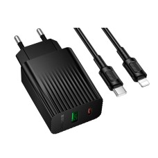 Мережевий зарядний пристрій Borofone BAS76A Source Apple iPhone SE 2022, iPhone 14 Pro Max, iPhone 14 Plus, iPhone 14 Pro, iPhone 14, iPhone 13 Pro, iPhone 13 Mini, iPhone 13, iPhone 13 Pro Max, iPhone 12 Mini, iPhone 12 Pro Max, Lightning, з кабелем, Чор