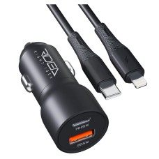 Автомобильное зарядное устройство Ridea RCC-30115 Qpow Apple iPhone SE 2022,iPhone 14 Pro Max,iPhone 14 Plus,iPhone 14 Pro,iPhone 14,iPhone 13 Pro,iPhone 13 Mini,iPhone 13,iPhone 13 Pro Max,iPhone 12 Mini,iPhone 12 Pro Max, С кабелем, Lightning, Черный