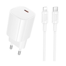 Мережевий зарядний пристрій Borofone BA103A Pudding Apple iPhone SE 2022, iPhone 14 Pro Max, iPhone 14 Plus, iPhone 14 Pro, iPhone 14, iPhone 13 Pro, iPhone 13 Mini, iPhone 13, iPhone 13 Pro Max, iPhone 12 Mini, iPhone 12 Pro Max, Lightning, з кабелем, Бі