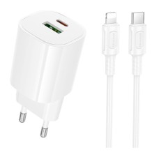 Мережевий зарядний пристрій Borofone BA104A Pudding Apple iPhone SE 2022, iPhone 14 Pro Max, iPhone 14 Plus, iPhone 14 Pro, iPhone 14, iPhone 13 Pro, iPhone 13 Mini, iPhone 13, iPhone 13 Pro Max, iPhone 12 Mini, iPhone 12 Pro Max, Lightning, з кабелем, Бі