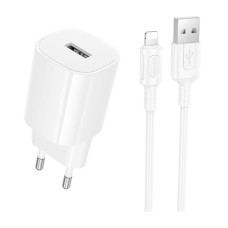 Мережевий зарядний пристрій Borofone BA101A Pudding Apple iPhone SE 2022, iPhone 14 Pro Max, iPhone 14 Plus, iPhone 14 Pro, iPhone 14, iPhone 13 Pro, iPhone 13 Mini, iPhone 13, iPhone 13 Pro Max, iPhone 12 Mini, iPhone 12 Pro Max, Lightning, з кабелем, Бі