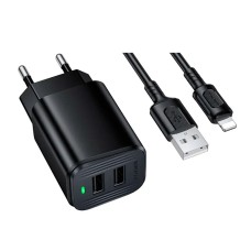 Мережевий зарядний пристрій Borofone BAS81A Star Apple iPhone SE 2022, iPhone 14 Pro Max, iPhone 14 Plus, iPhone 14 Pro, iPhone 14, iPhone 13 Pro, iPhone 13 Mini, iPhone 13, iPhone 13 Pro Max, iPhone 12 Mini, iPhone 12 Pro Max, Lightning, з кабелем, Чорни