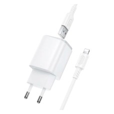 Мережевий зарядний пристрій Borofone BAS81A Star Apple iPhone SE 2022, iPhone 14 Pro Max, iPhone 14 Plus, iPhone 14 Pro, iPhone 14, iPhone 13 Pro, iPhone 13 Mini, iPhone 13, iPhone 13 Pro Max, iPhone 12 Mini, iPhone 12 Pro Max, Lightning, з кабелем, Білий