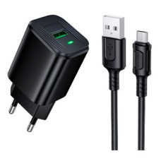 Мережевий зарядний пристрій Borofone BAS82A, MicroUSB, з кабелем, Чорний